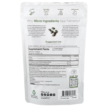 Saw palmetto supplement pouch back label with supplement facts and barcode