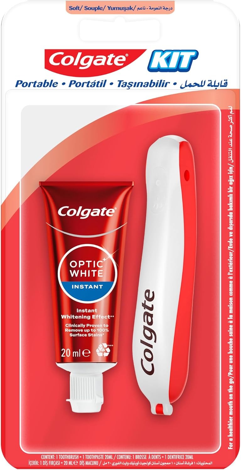 Colgate Portable Travel Oral Care Kit with Colgate Optic white Instant Teeth Whitening Toothpaste 20mL and Soft Foldable Toothbrush X 1