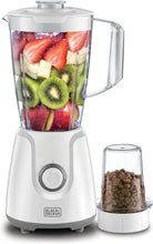 White Black+Decker blender with clear jar and separate grinder cup, ready to blend