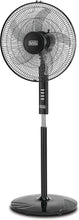 Black+Decker 16-inch stand fan with circular grille and black base, 5AS blade