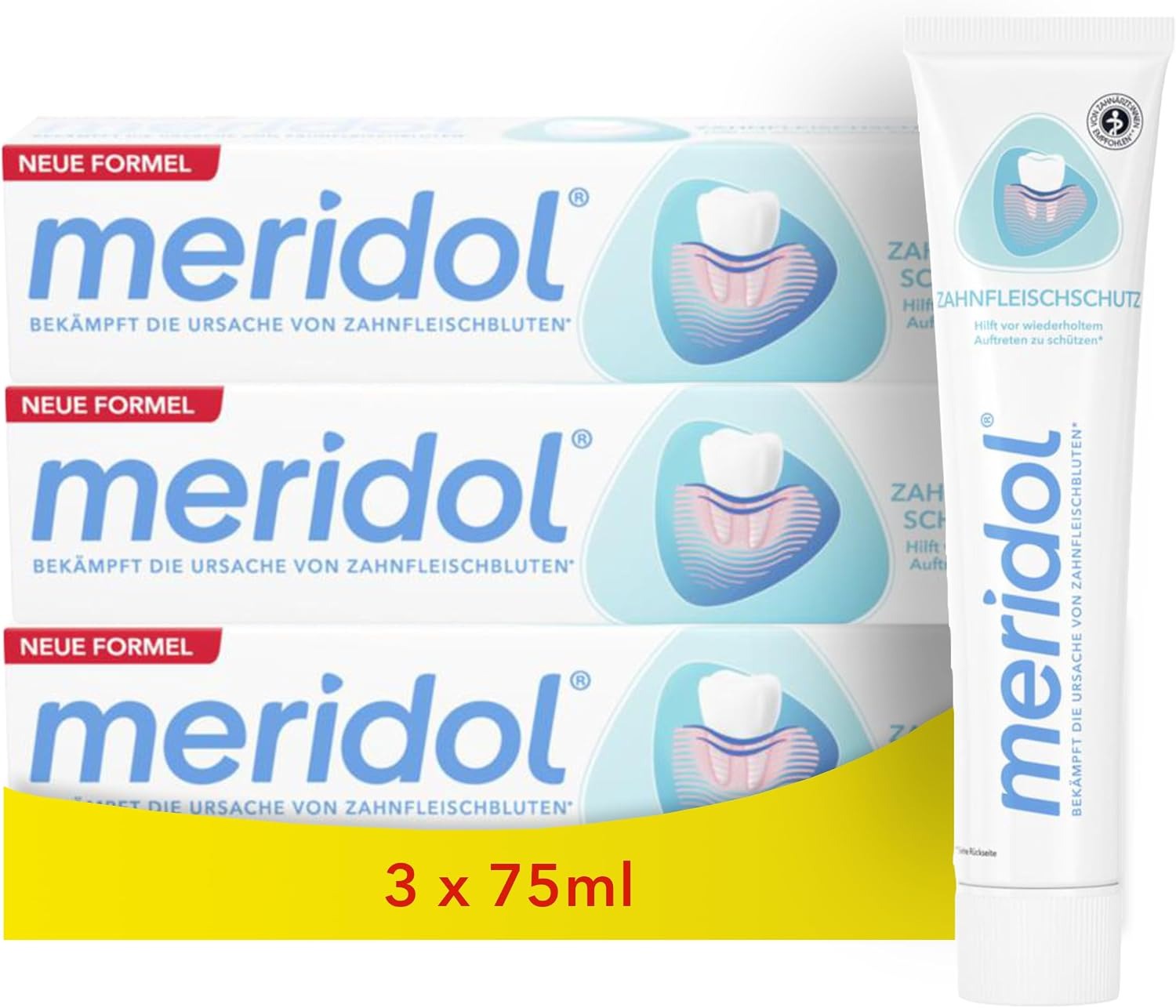 meridol toothpaste 3 x 75 ml set with white tube and blue cap, antibacterial paste