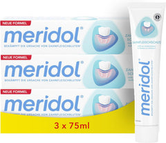 meridol toothpaste 3 x 75 ml set with white tube and blue cap, antibacterial paste