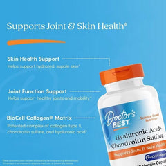 Supplement bottle angled with orange cap; hyaluronic acid + chondroitin sulfate