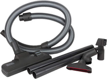 Black bagless vacuum cleaner floor nozzle with flexible hose and crevice tool
