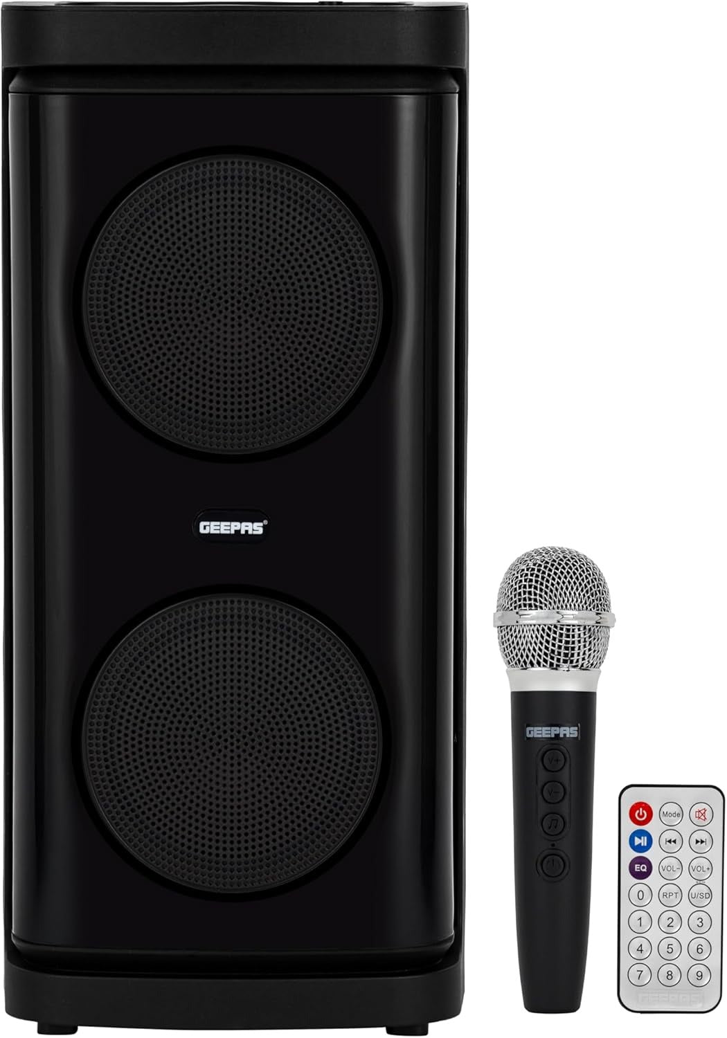 Geepas Rechargeable Portable Speaker- GMS11193/ RGB Light, USB Input, TF, TWS, FM Radio, VHF Microphone, Bluetooth/ 20000W PMPO Speakers Unit, with Remote Control.