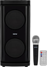 Portable speaker with two circular grills, black; remote control and VHF mic included