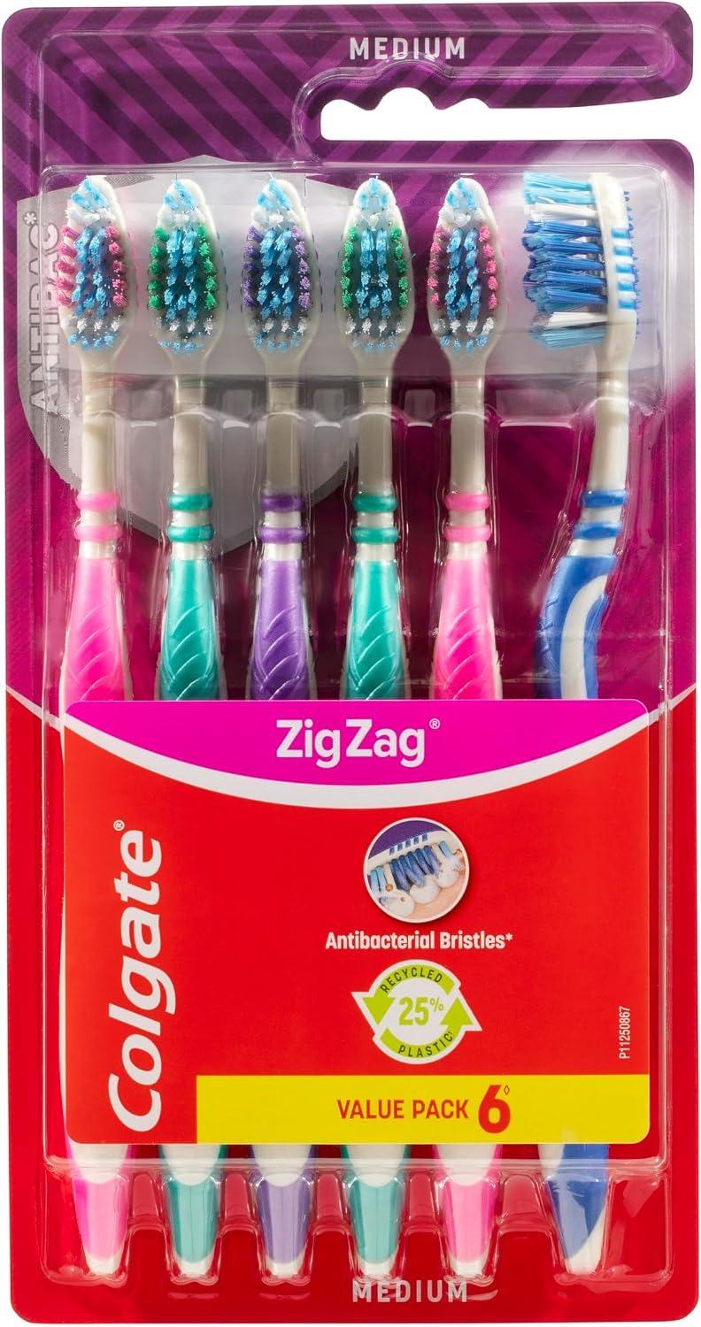 Colgate Zigzag Medium Toothbrush with Tongue Cleaner 6 pieces Value Pack