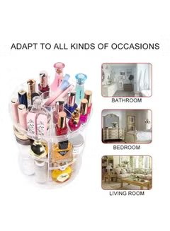 Huitich 360 degree makeup organizer holding lipsticks and bottles shown in bathroom bedroom and living room