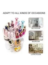 360-degree makeup organizer with rotating compartments for cosmetics, shown in multiple rooms