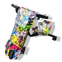 Graffiti electric drift scooter side view with black handlebars and rear deck