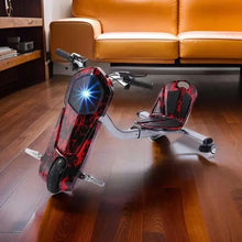 Electric scooter with red-black patterned frame, rotating drift seat, and lit front panel