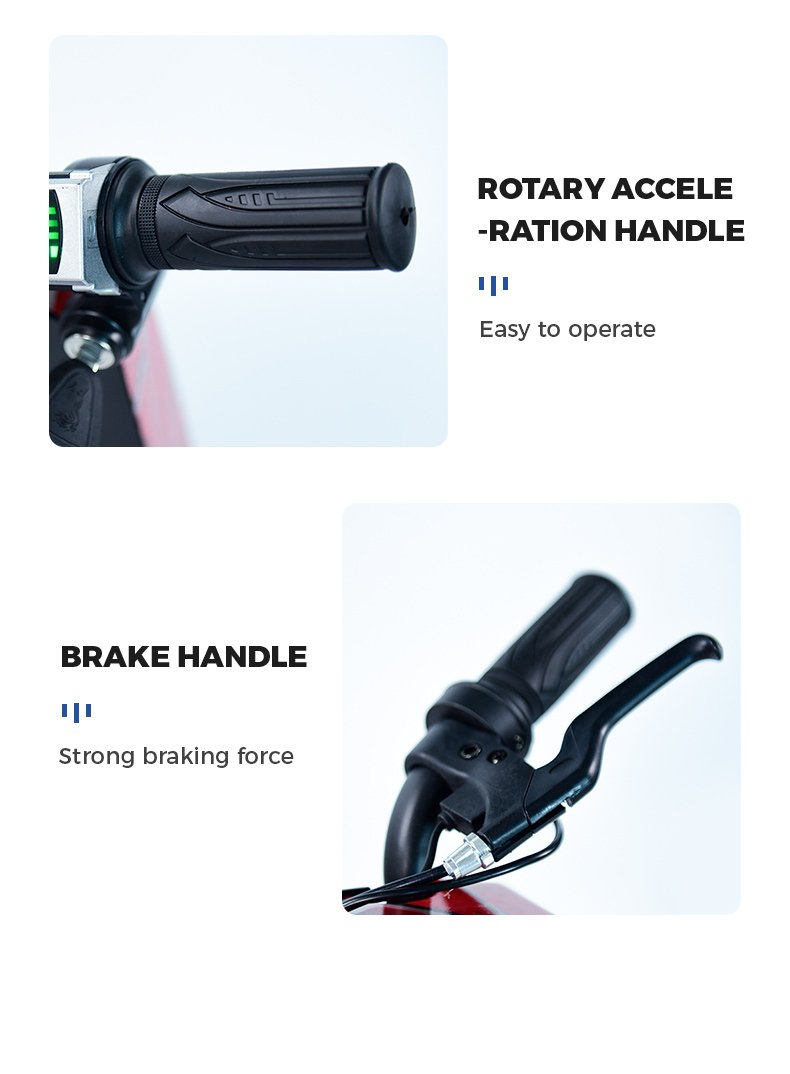 Close-up of rotary acceleration handle and brake handle on Winner sky 360 degree rotation electric scooter