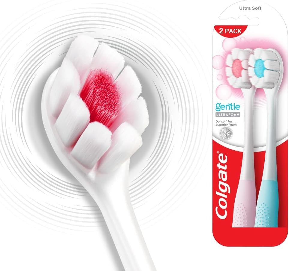 Colgate Gentle UltraFoam Ultra Soft Bristles Manual Toothbrush for adults, 2 Pcs, Soft Bristles for Superior Clean, Multicolor