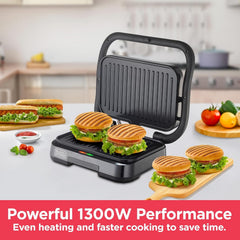 BLACK+DECKER 1300W Electric Panini Grill & Sandwich Maker, Non-Stick Plates, 180° BBQ Hinge, Double Grilling Area, Removable Drip Tray, Cool-Touch Handle – 2 Toast Capacity - PCG1300-B5