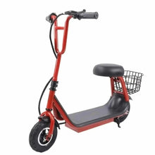 Red kids electric scooter with seat and front basket