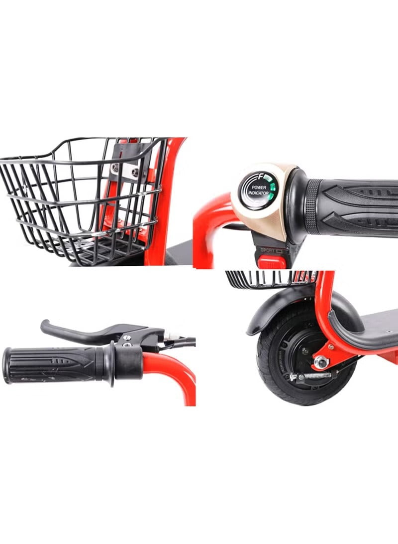 Winner sky 36V lithium kids scooter close-up of handlebar, bell, brake lever, front basket, and rear wheel