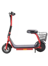 Red kids electric scooter with seat and front basket, side view
