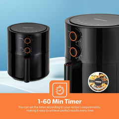 Two black air fryers on countertop, each with orange dial controls and front basket
