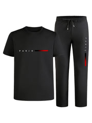 Men'S Casual Sports Two-Piece Set Short Sleeve Top Straight Leg Pants with Paris Print, Fashionable And Trendy, Ideal for Summer, Parties, Casual Outings, And Everyday Wear, Everyday Wear|Short Sleeve Top|Print Trousers