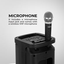 Portable speaker with wireless VHF microphone on top, black