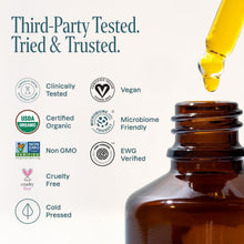 Cliganic jojoba oil bottle with dropper, amber liquid and glass applicator