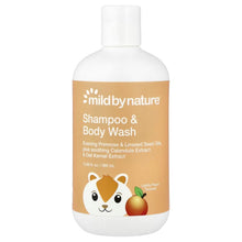 Peach shampoo and body wash bottle with white cap, front label and panda graphic