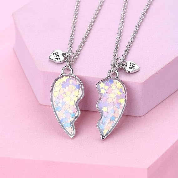 Wisfunlly Matching Heart Best Friend Necklaces for 2 Girls, Non-Magnetic BFF Necklace Set Heart Friendship Necklace Ideal Birthday Gift for Kids and Friends