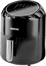 Black digital air fryer with pull-out basket handle, glossy countertop design