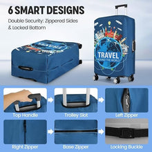 Blue luggage cover with travel globe print, zippered sides and trolley handle cutout