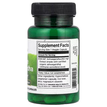 Swanson Ashwagandha supplement facts panel on green bottle with veggie capsule label
