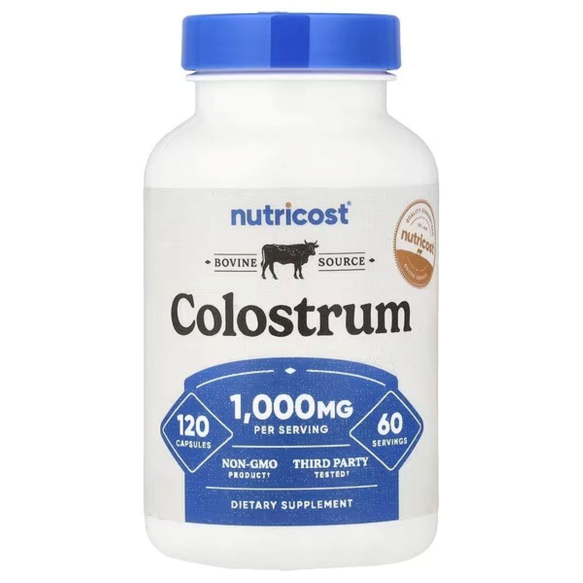 Nutricost colostrum supplement bottle with blue cap; front label and serving info