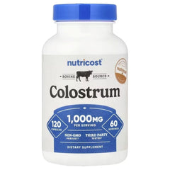 Nutricost colostrum supplement bottle with blue cap; front label and serving info