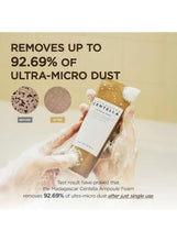 Foam cleanser package with hands and micro-dust before-and-after test graphic