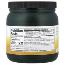 Organic cocoa powder nutrition facts label on dark green jar