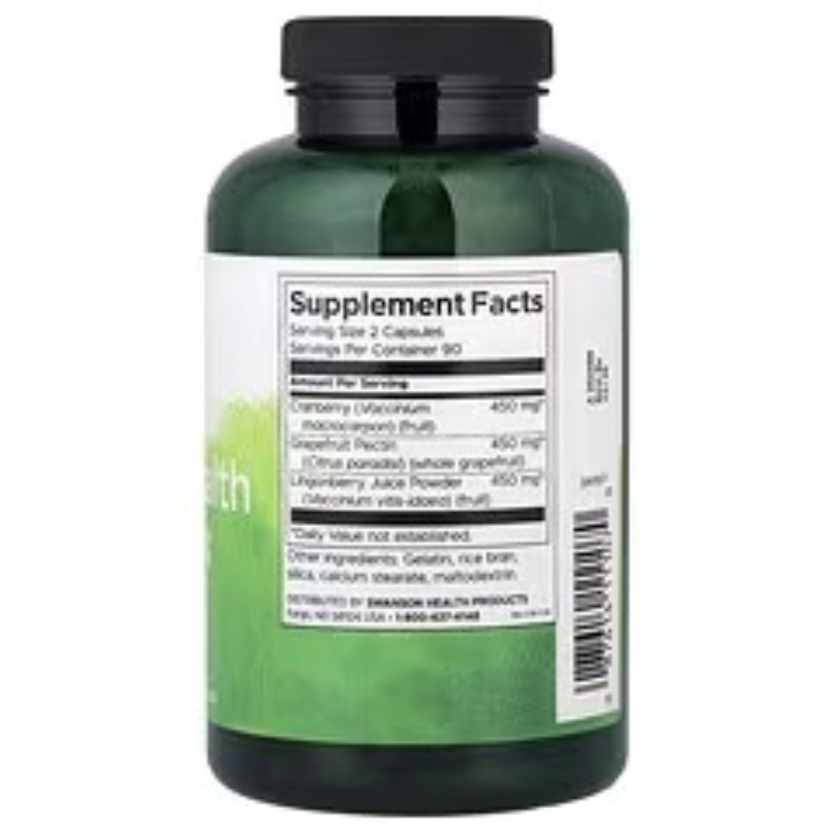 Green supplement bottle with black cap and Supplement Facts label