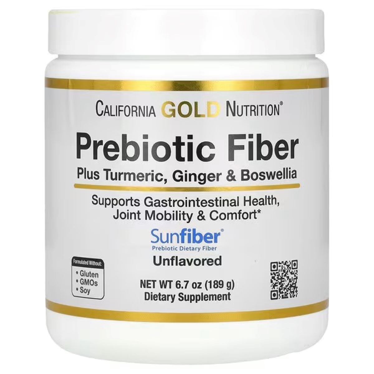 California Gold Nutrition Prebiotic Fibre Plus with Turmeric, Organic Ginger & Boswellia Extract – 6.7 oz (189 g)