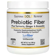 Prebiotic fiber supplement jar with gold label and turmeric, ginger & boswellia text