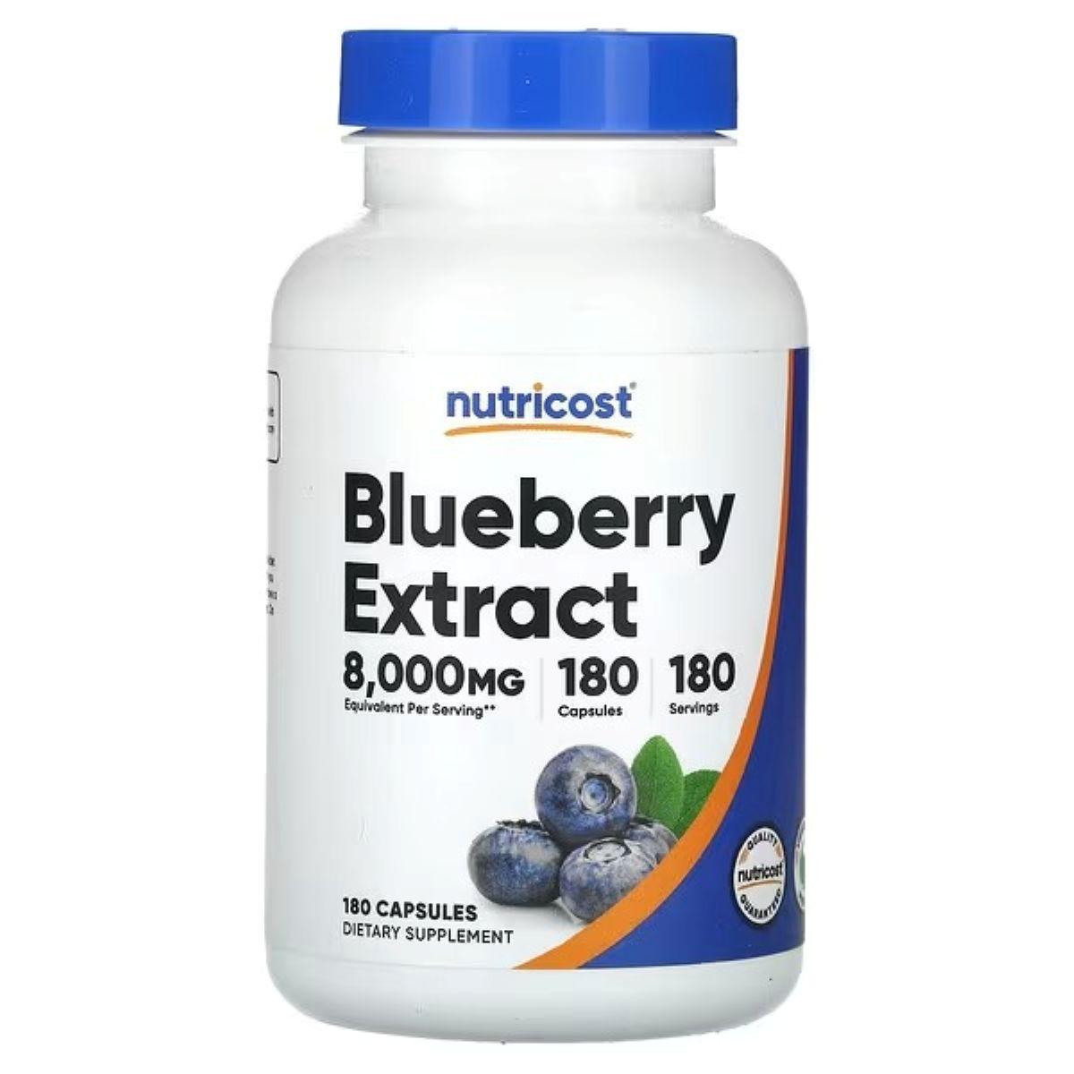 Blueberry extract supplement bottle with blue cap and front label