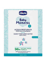 chicco Baby Moments sweet perfumed water box, blue pattern and floral icons