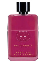 Pink perfume bottle with black cap and embossed Gucci Guilty logo