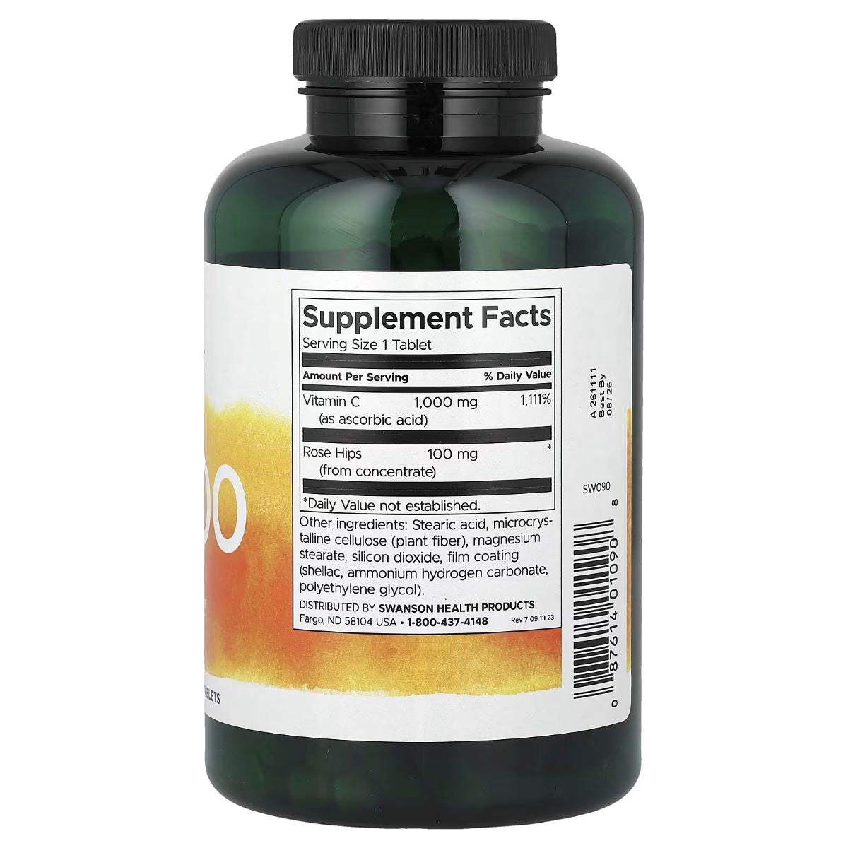 Vitamin C supplement bottle with Rose Hips label, black cap, Swanson C-1000