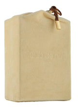 Beige fabric perfume pouch with drawstring and gold brand tag
