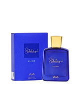 Blue Elixir Eau de Parfum bottle with gold cap and matching box