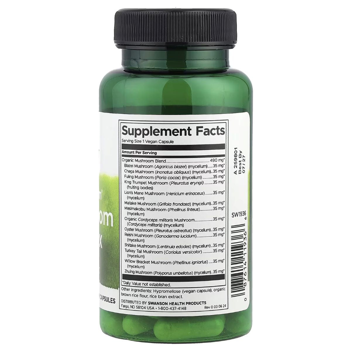 Swanson mushroom complex supplement bottle, black cap, Supplement Facts label on back