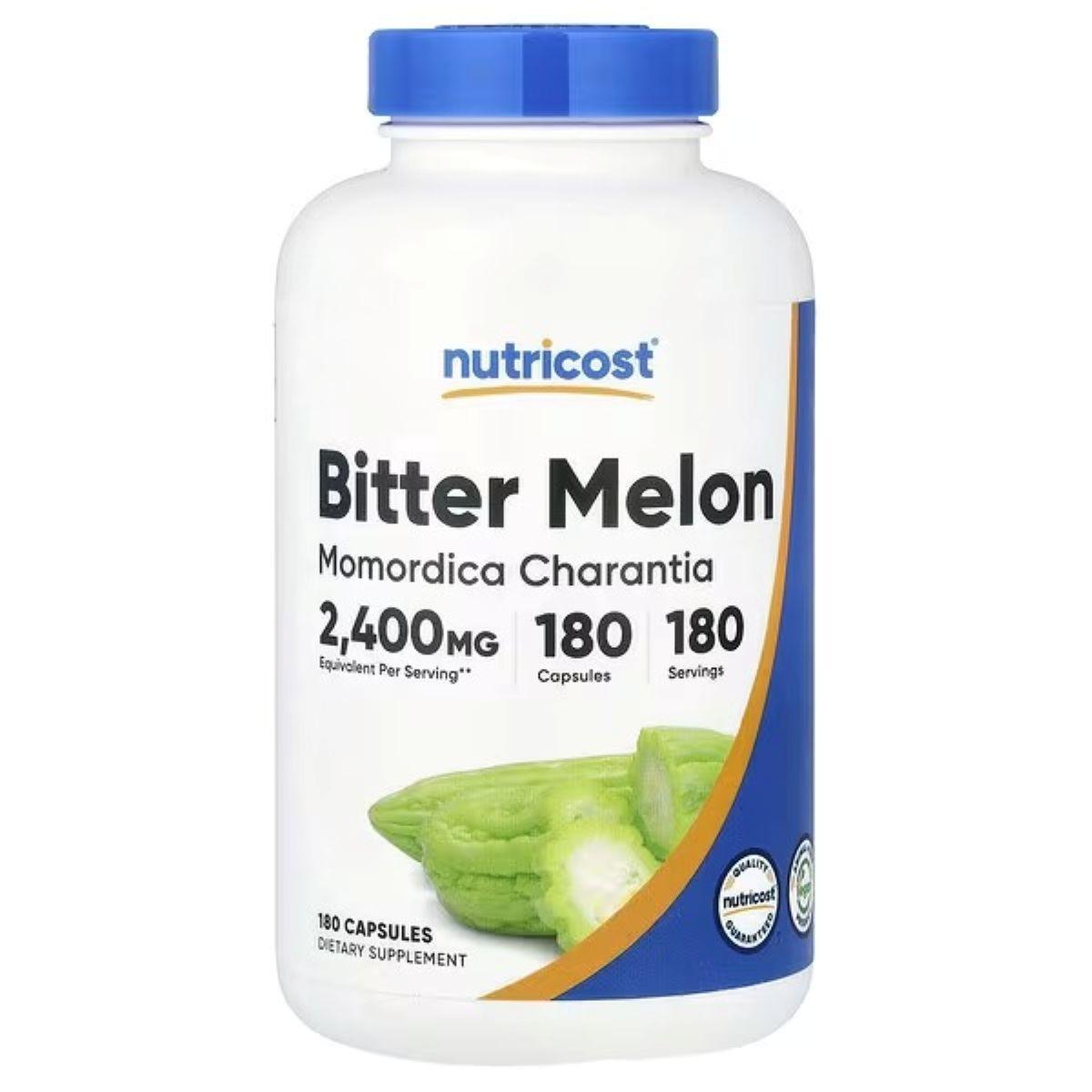 Nutricost Bitter Melon supplement bottle, blue cap, 180 capsules label front