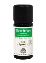 Black Spruce organic essential oil bottle with green label and dark cap
