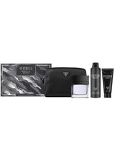 Men’s Guess fragrance gift set with black zip pouch, EDT spray bottle, and tube