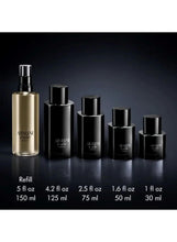 Assorted refillable fragrance bottles in black and gold tones, five size options