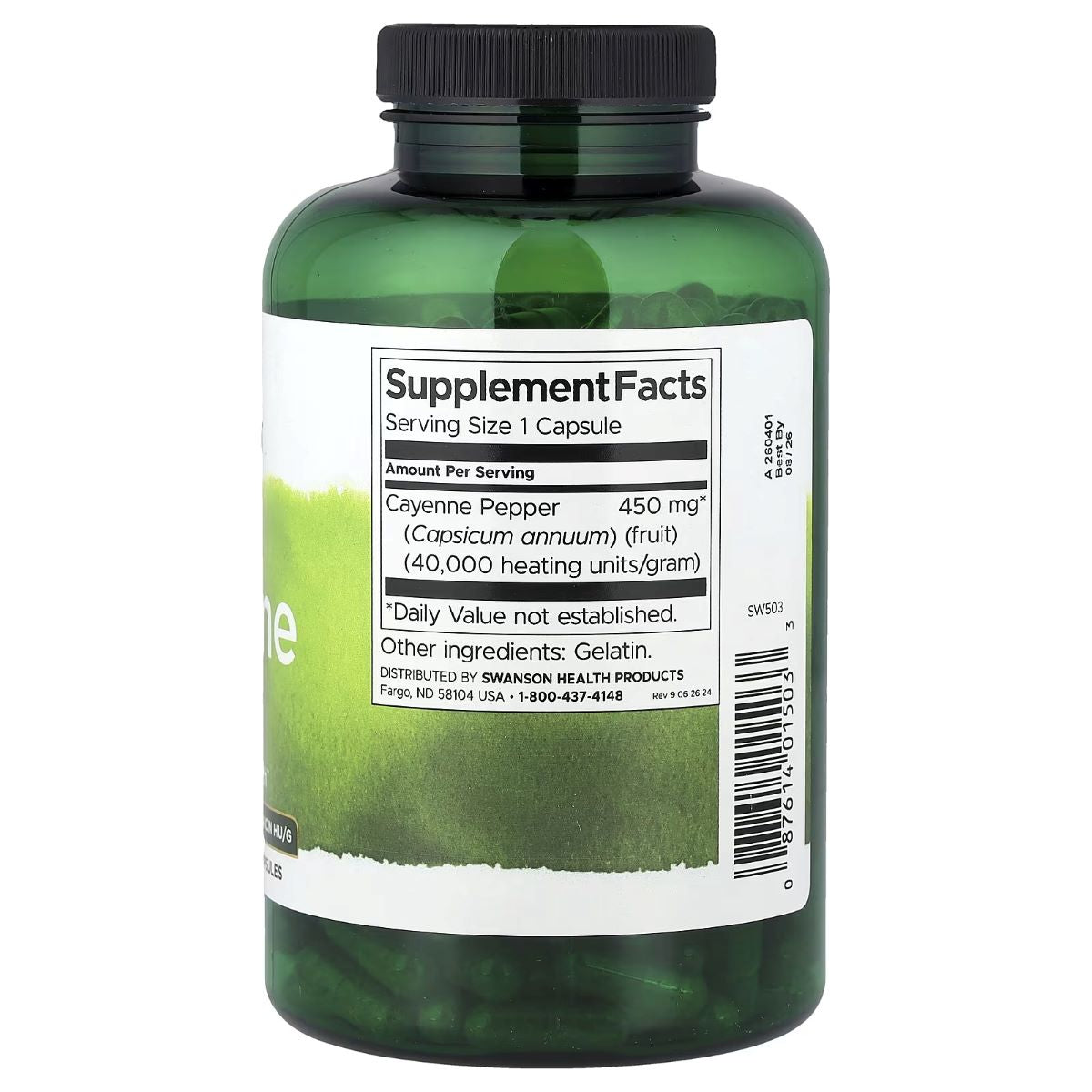 Cayenne pepper 450 mg supplement bottle with Supplement Facts label, black cap