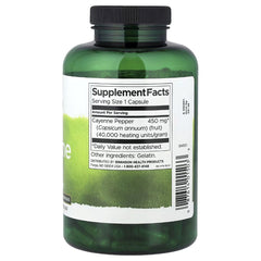 Cayenne pepper 450 mg supplement bottle with Supplement Facts label, black cap